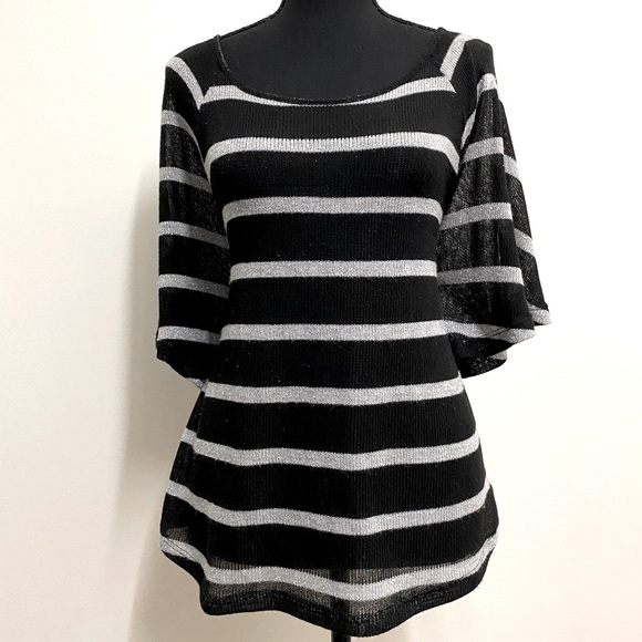 INC Black & Silver, Boatneck, Shimmery, Striped, Flowy, 3/4 Sleeve Shirt - Picture 3 of 15